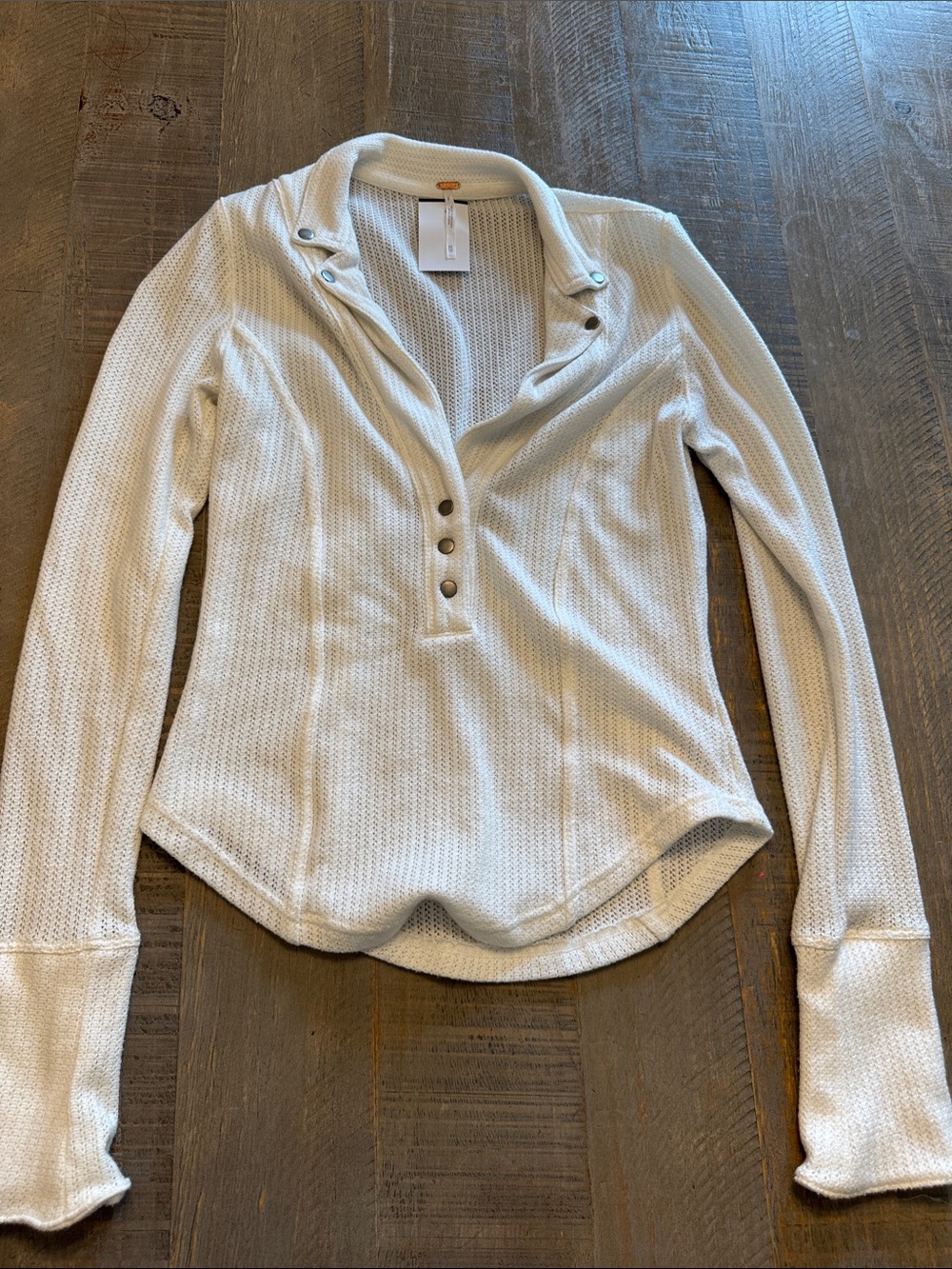 Free People Cream Waffle Knit Henley Long Sleeve Top